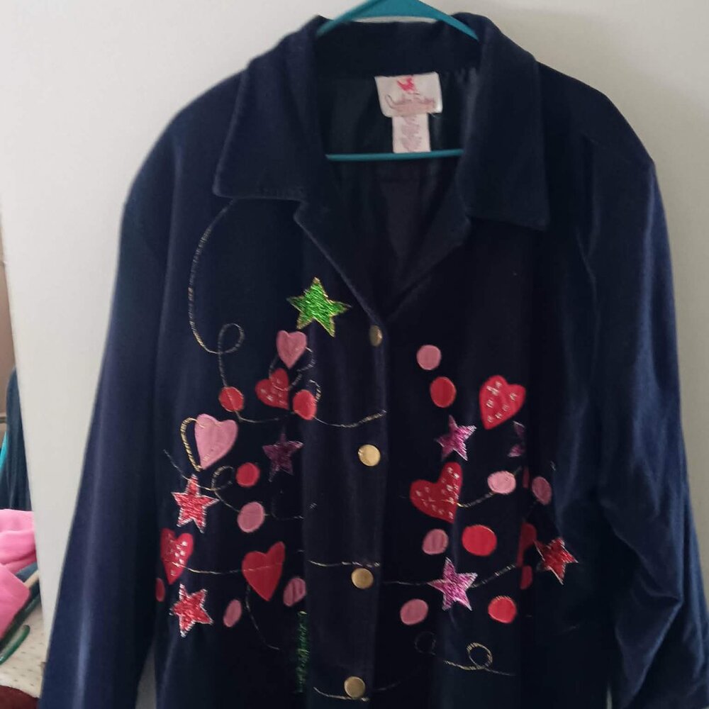 Quacker Factory Woman's navy velour hearts and stars jacket 3X